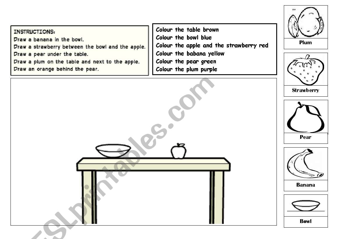 Prepositions, fruit and colours