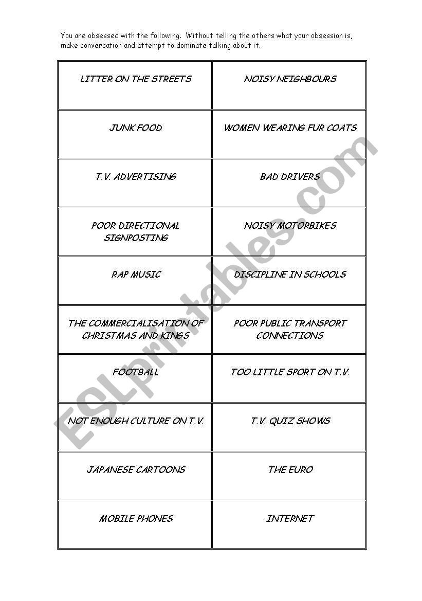 Obsessions - Speaking unit worksheet