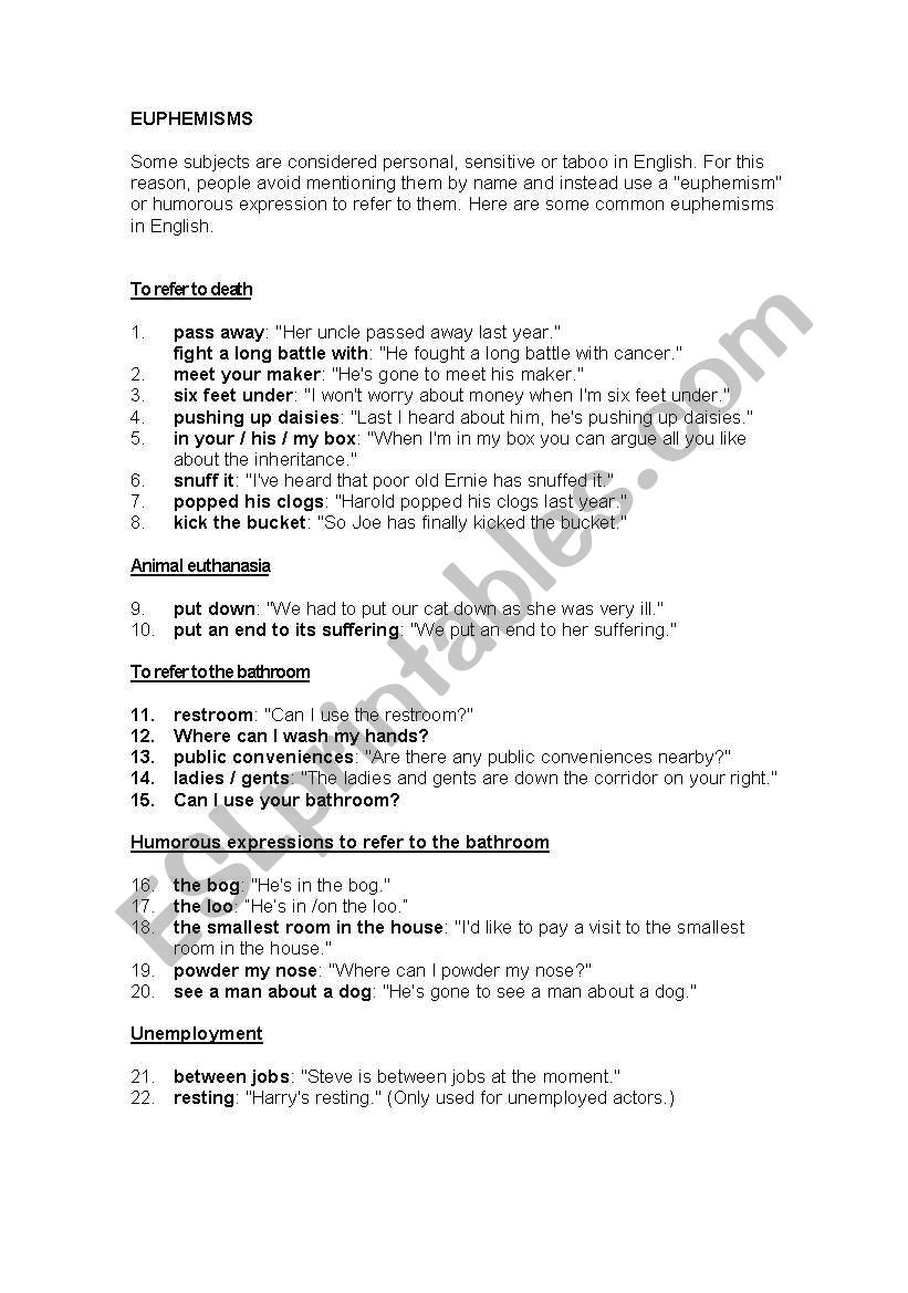 Euphemisms worksheet