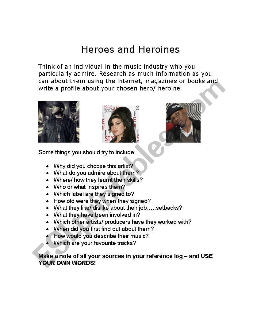 Heroes and heroines profile worksheet