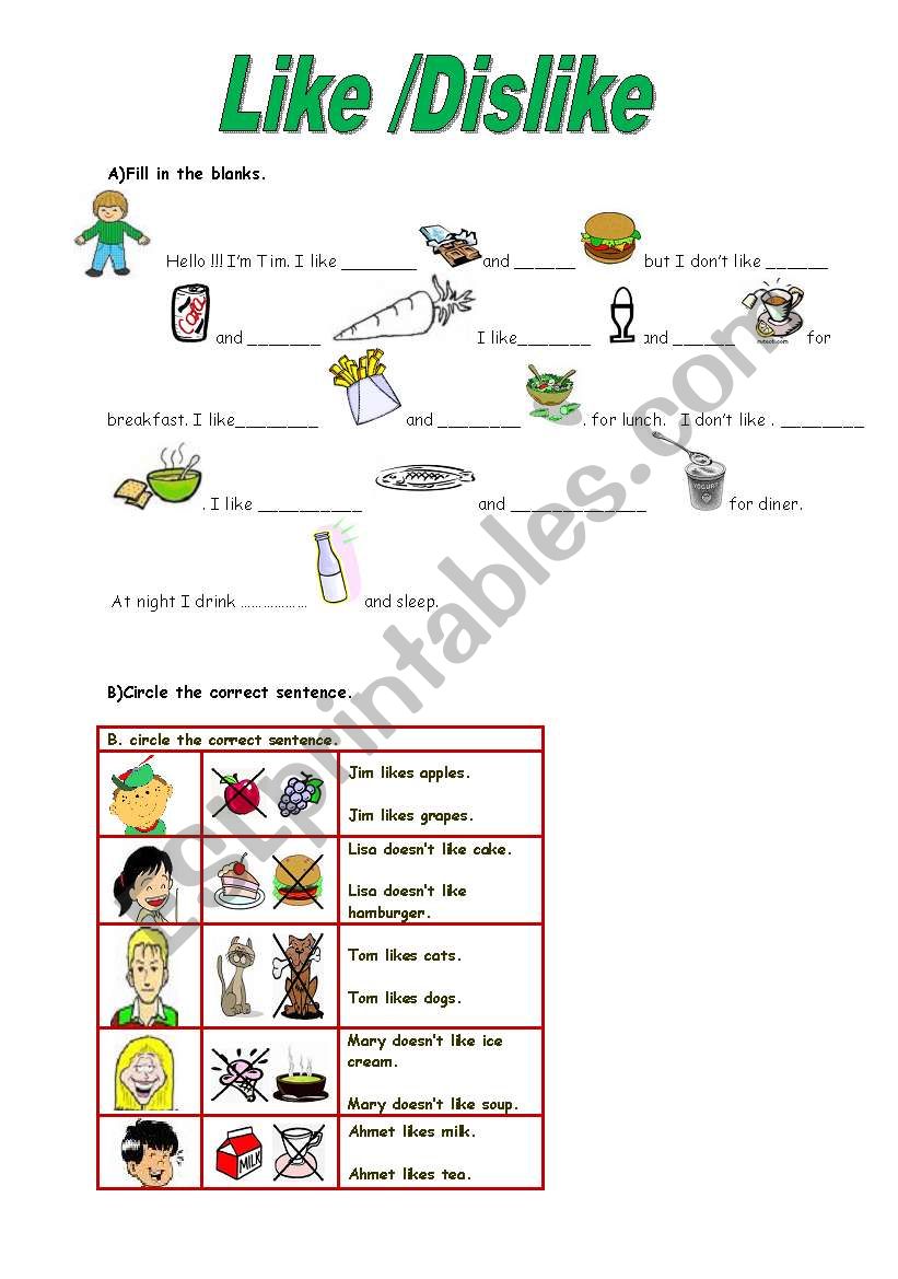 Like/Dislike worksheet