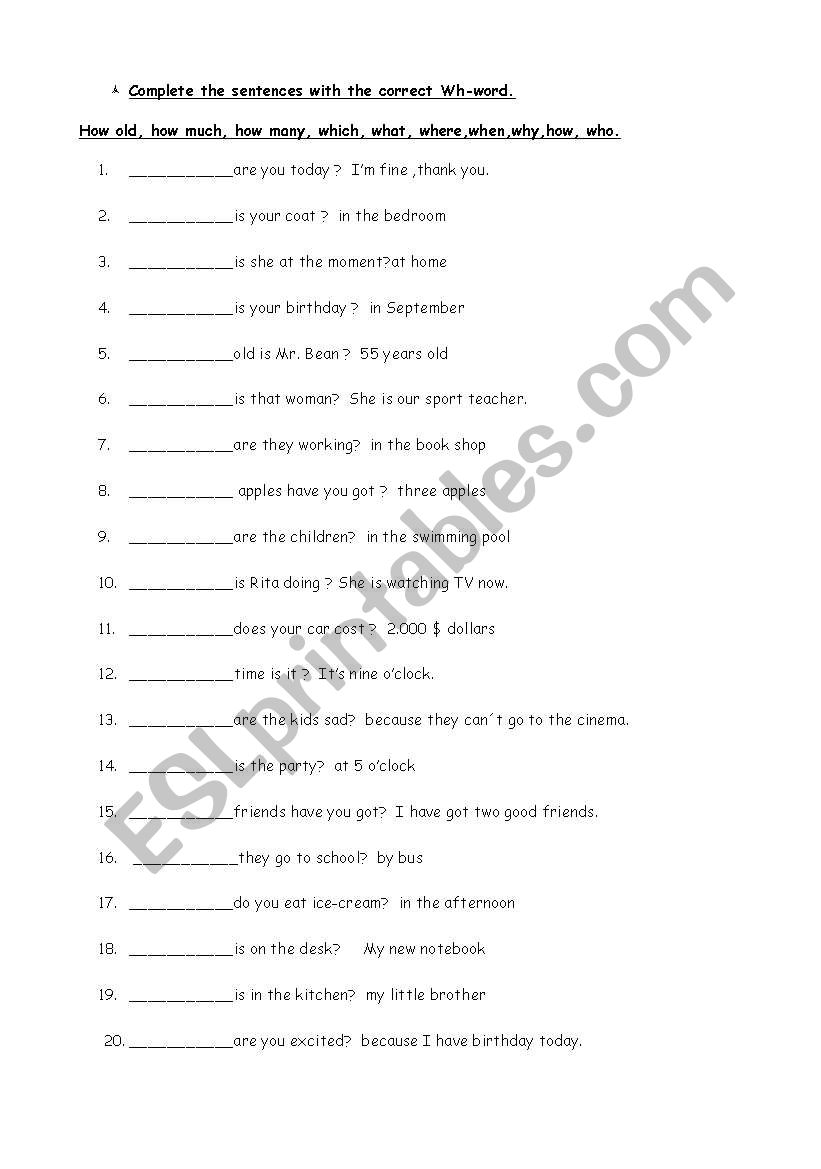 wh questions test worksheet