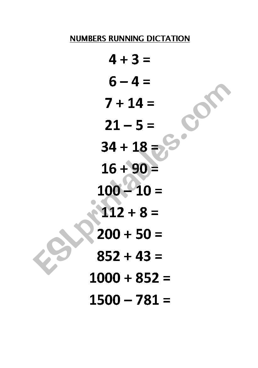 numbers running dictation worksheet