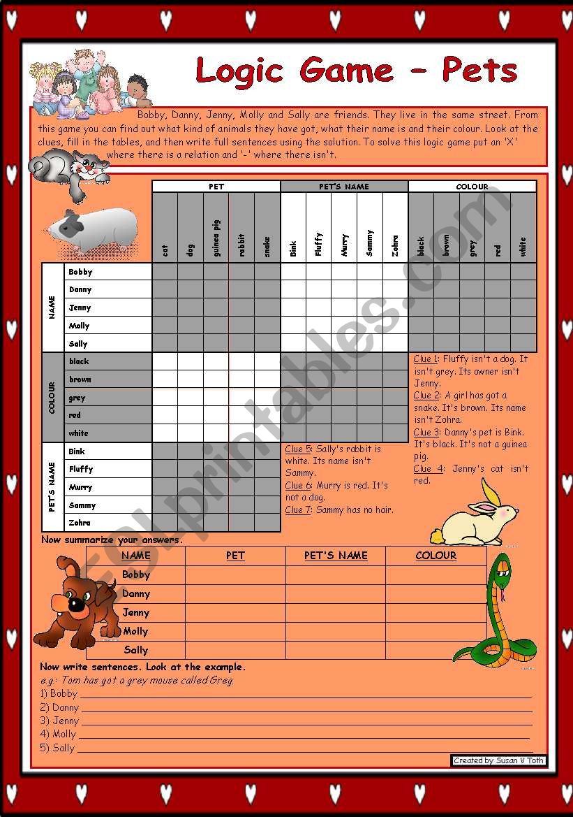 Logic game (18th) - Pets *** with key *** for elementary level *** created with WORD 2003