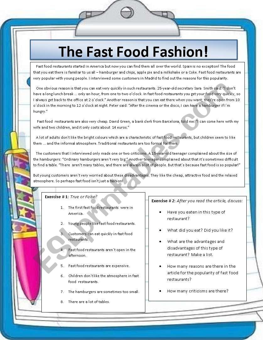 The fast food fashion! Reading and speaking lesson