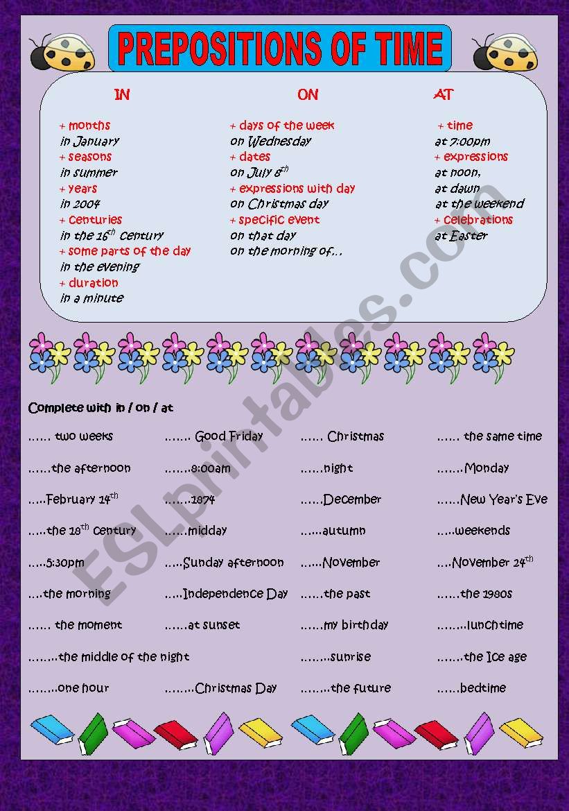 Prepositions of time worksheet