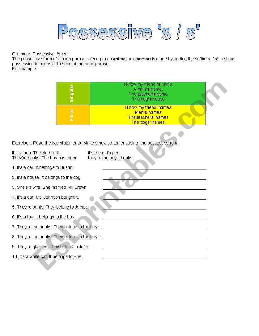 possessive s / s worksheet