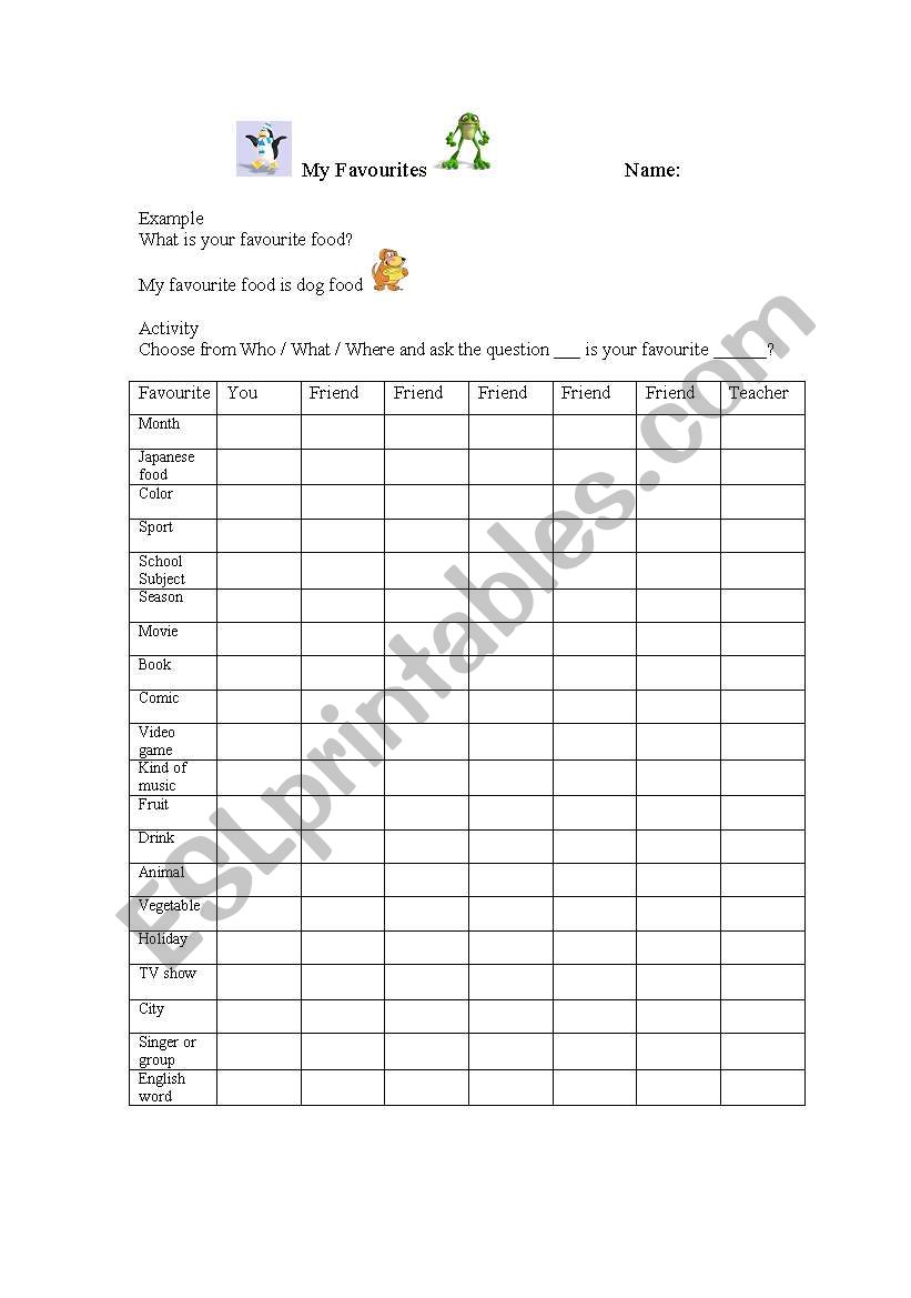 My favourites worksheet