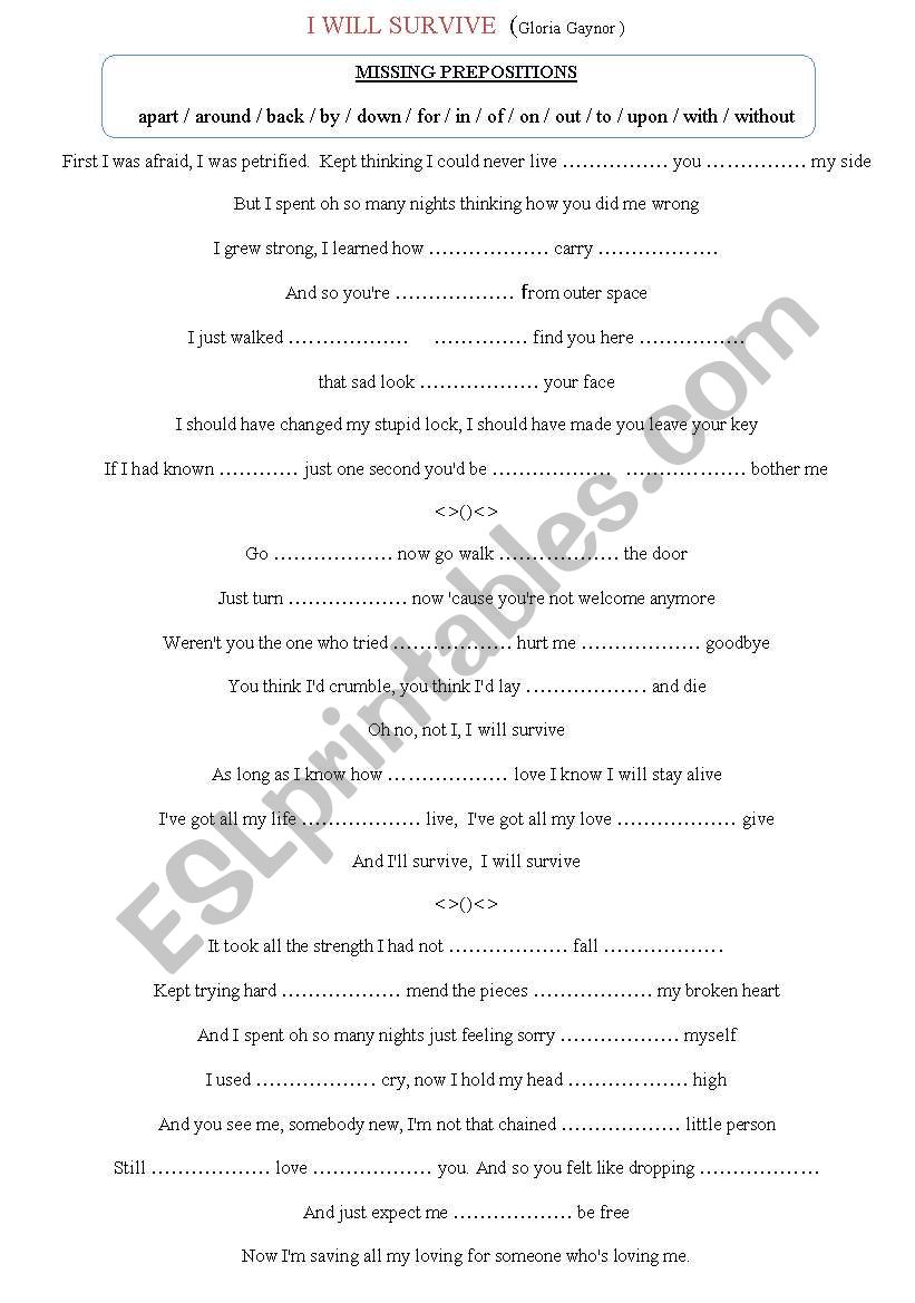 Prepositions song- I will survive