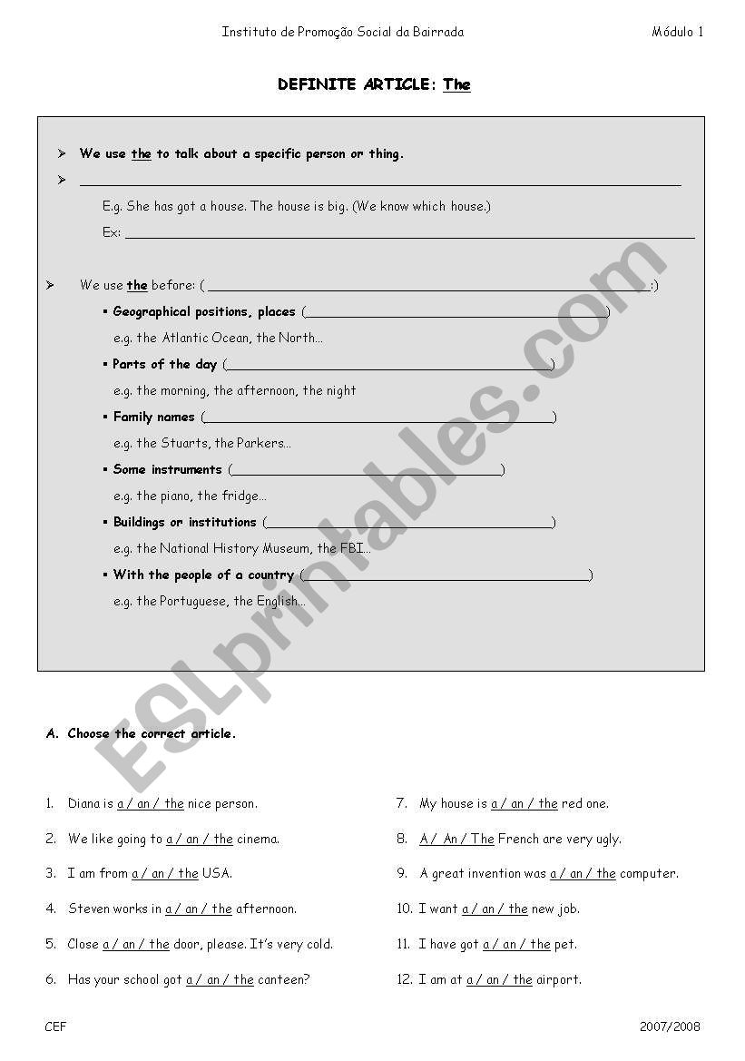 definite article worksheet