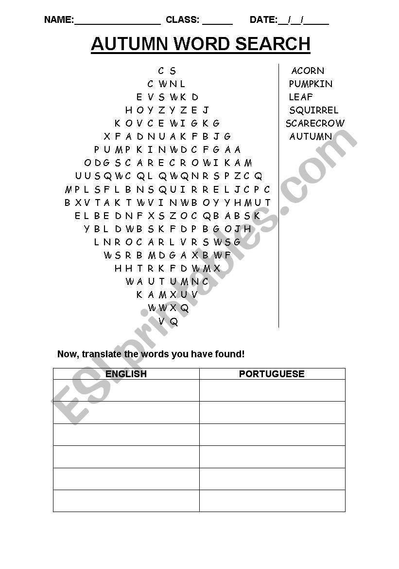 WordSearch Autumn worksheet
