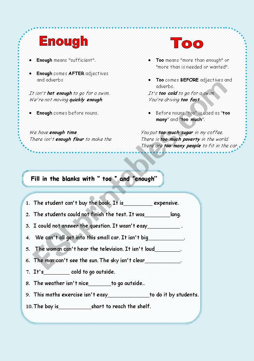 TOO & ENOUGH worksheet