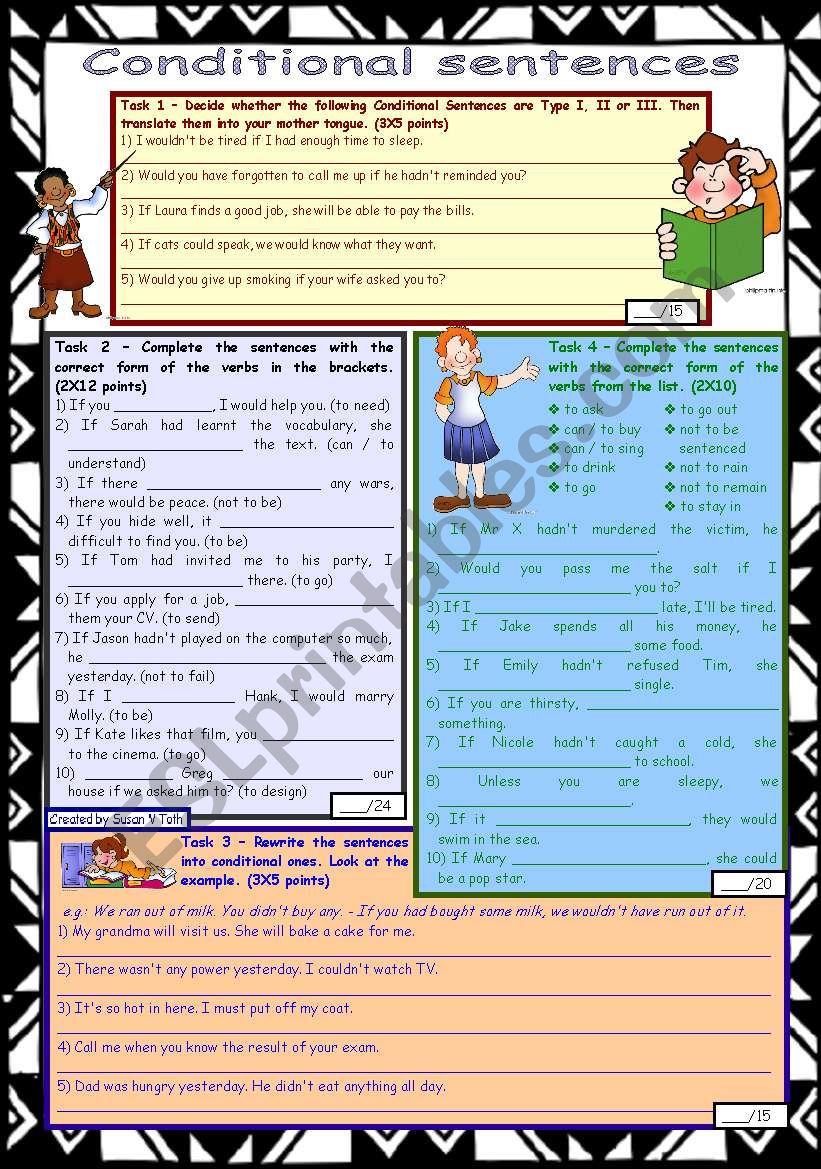 Conditional sentences (mixed) *** 4 tasks *** with key *** fully editable *** B&W version