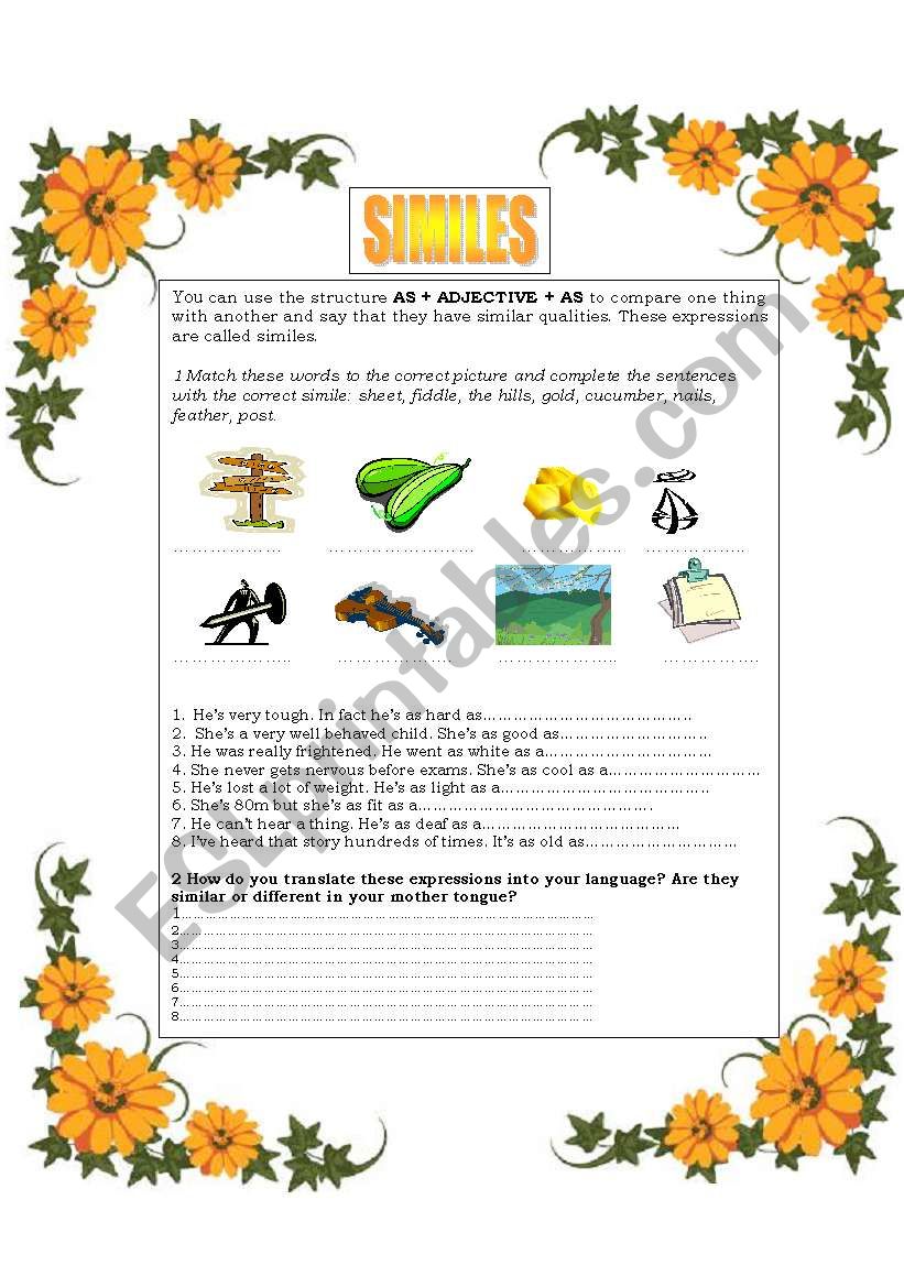 Similes worksheet