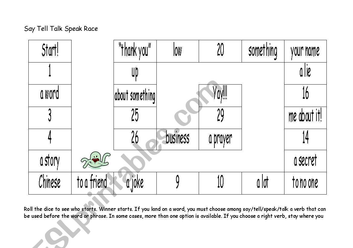 Speak Tell Say Talk Race worksheet