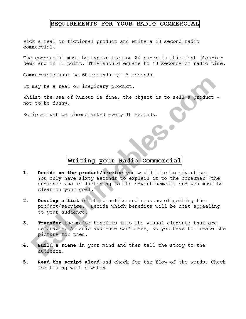 radio commercial guide worksheet