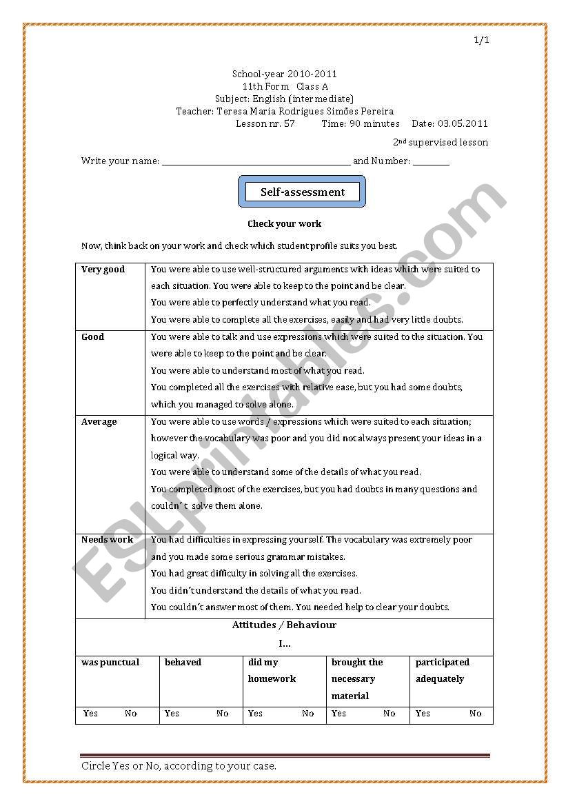 Self-assessment grid worksheet