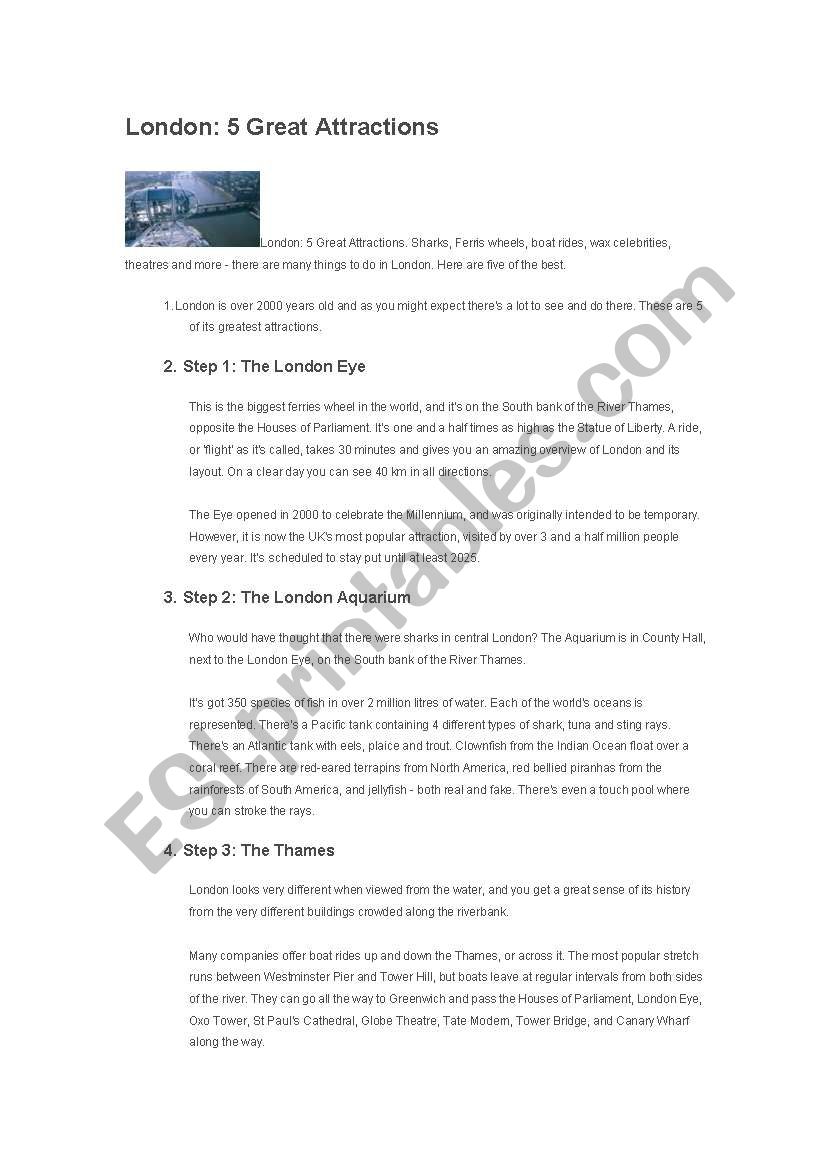 London 5 attractions worksheet