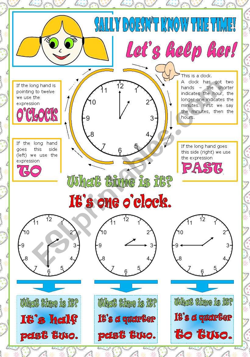 Telling the time - Sally doesnÂ´t know the time! - LetÂ´s help her!