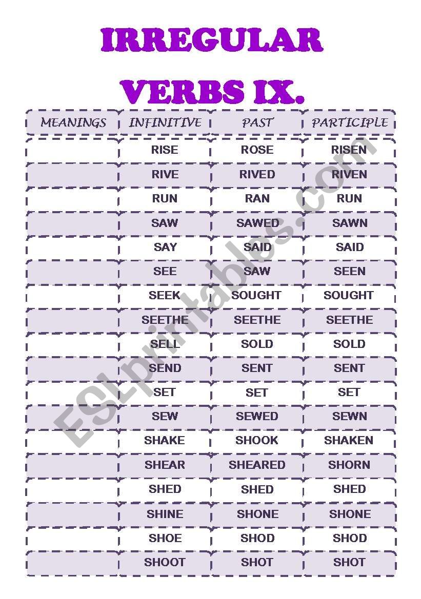 IRREGULAR VERBS IX (R-S) worksheet