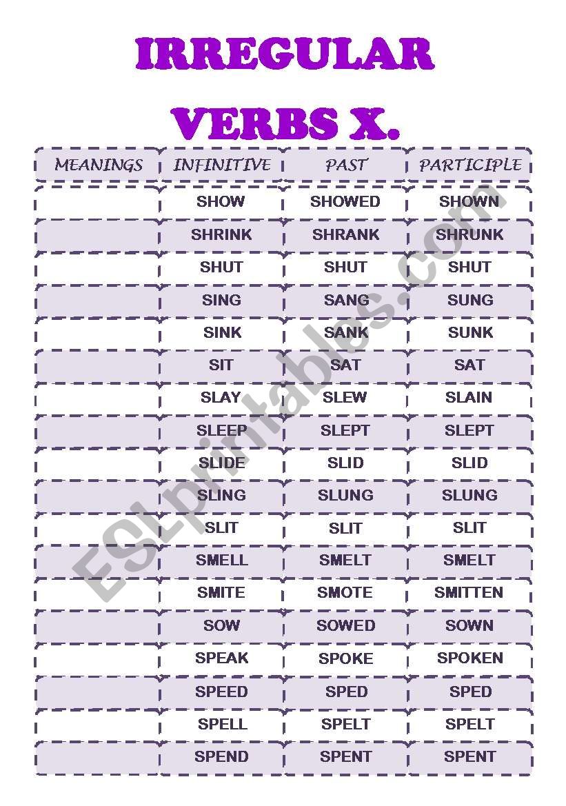 IRREGULAR VERBS X (S) worksheet