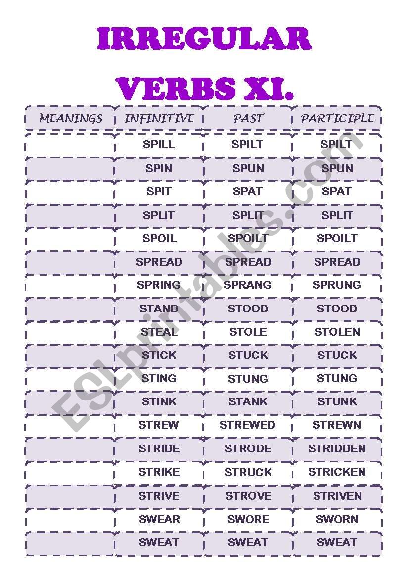 IRREGULAR VERBS XI (S) worksheet