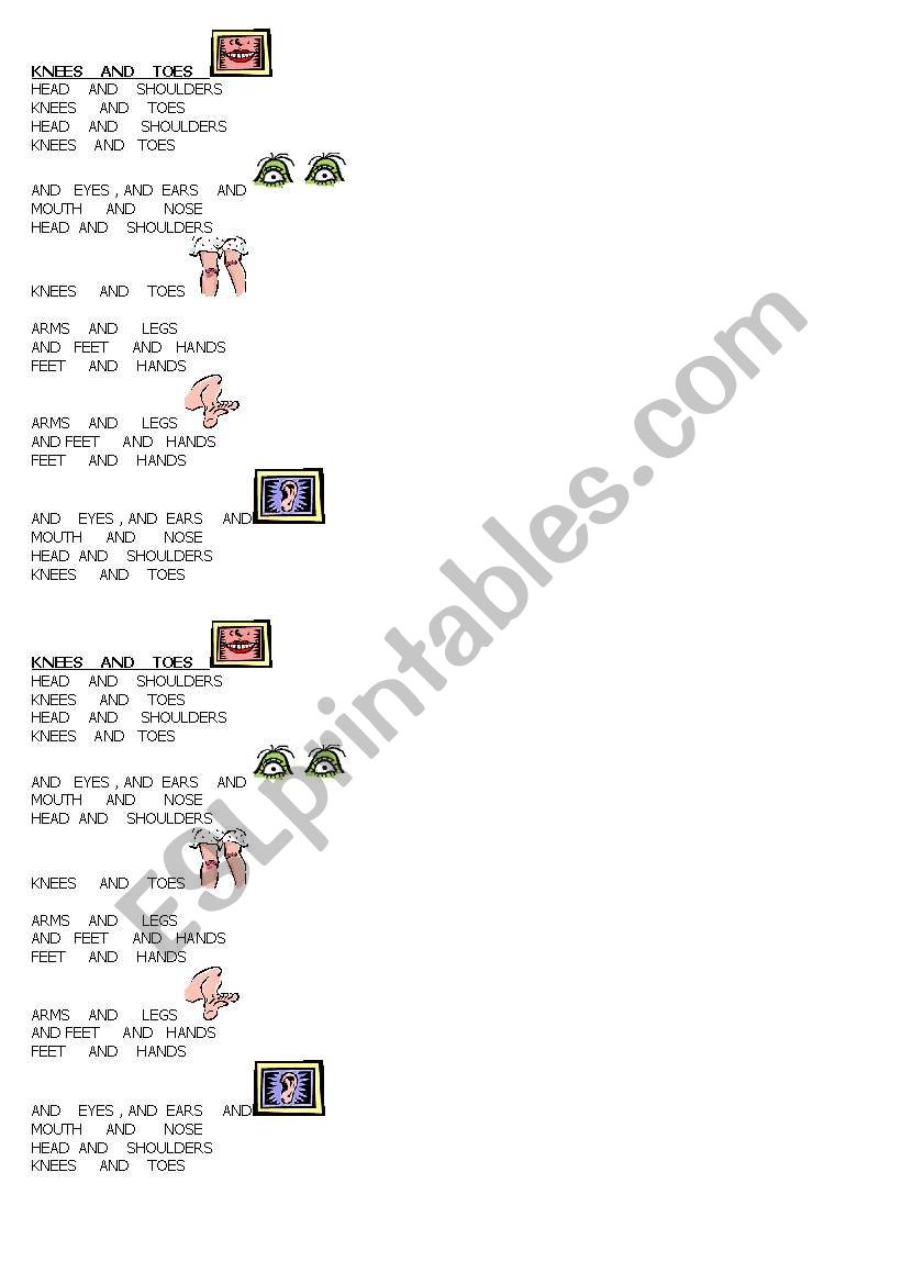 song knees and toes worksheet