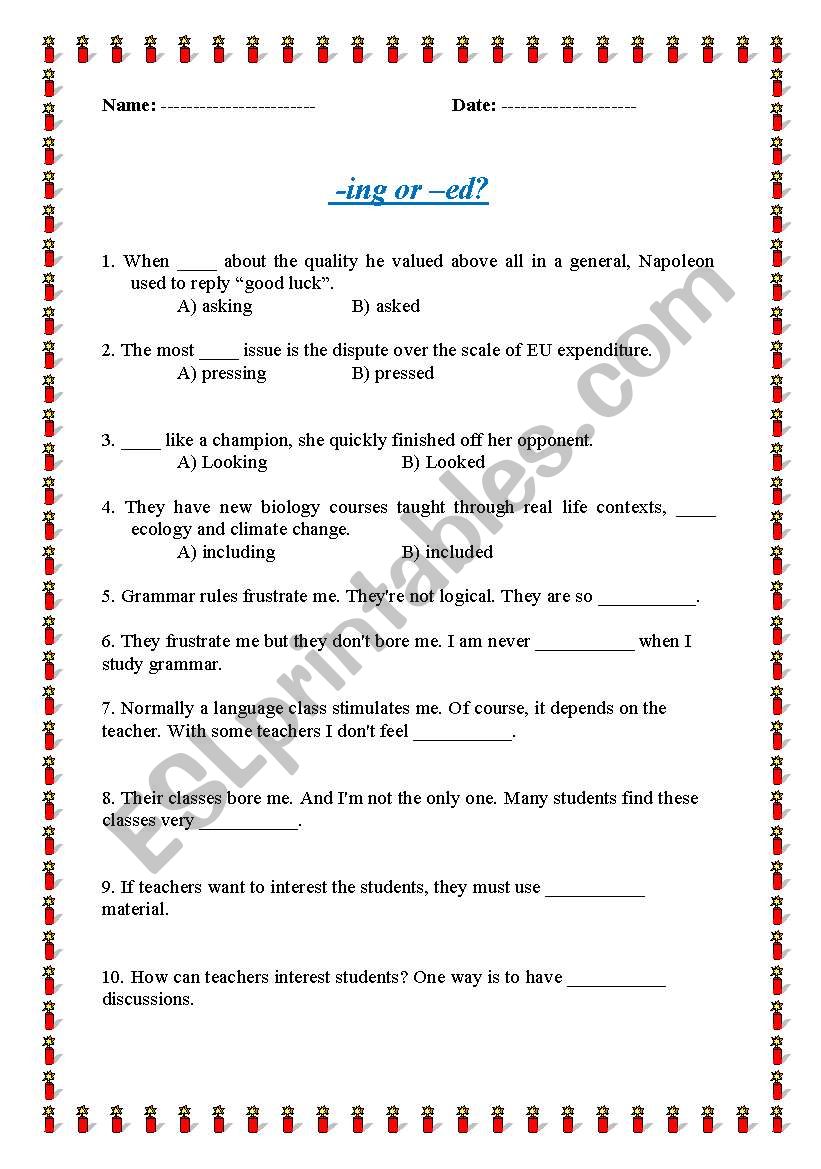 ed and ing adjectives  worksheet