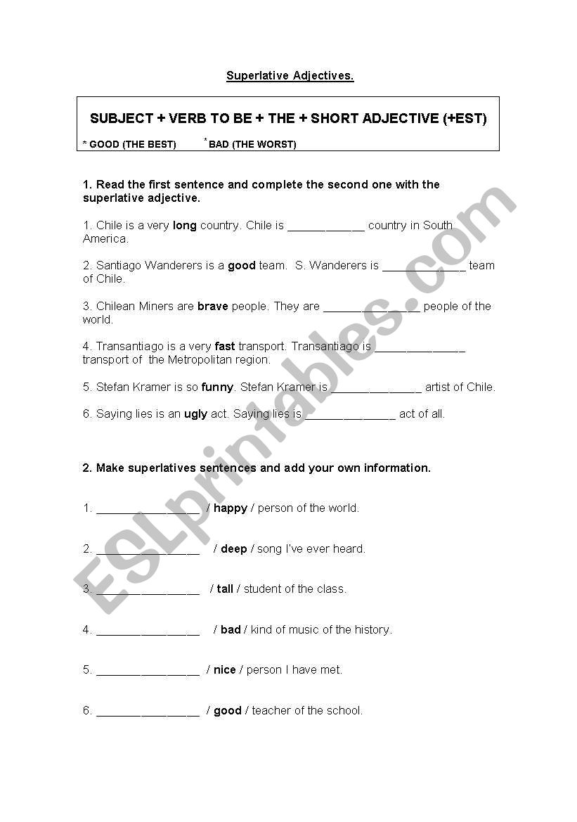 superlative short adjective worksheet