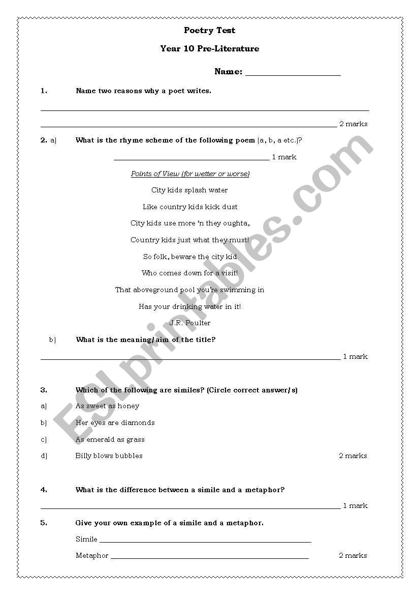 Poetry Test Year 10 Pre-Literature