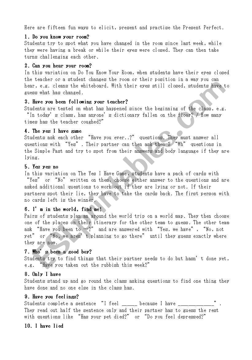 Present Perfect Activities worksheet