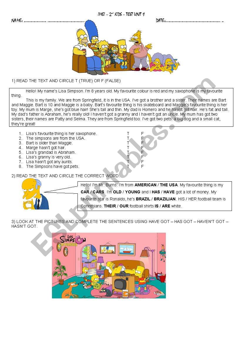 THE SIMPSONS TEST PART 1 (FAMILY, APPEARANCES, POSSESSIVE PRON.)