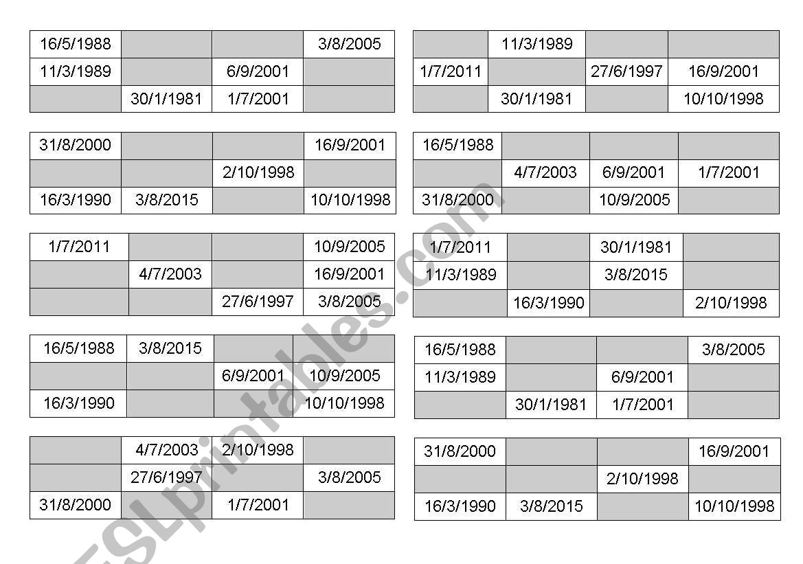 Dates bingo worksheet