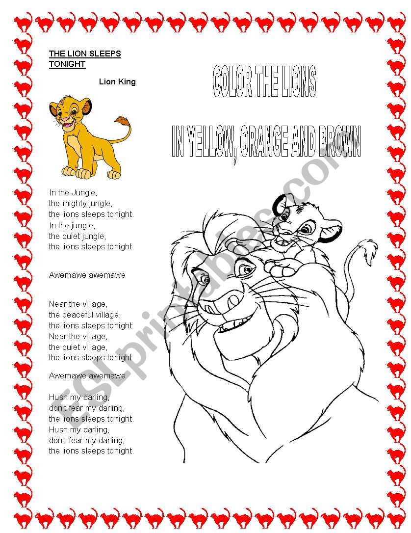 The Lion Sleeps Tonight Lion King Song Esl Worksheet By Danubia Sarri