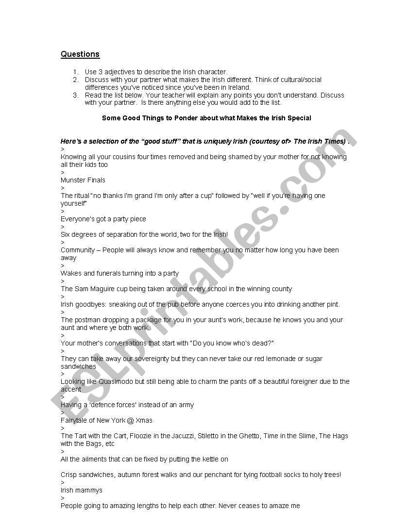 What Makes the Irish Special  worksheet