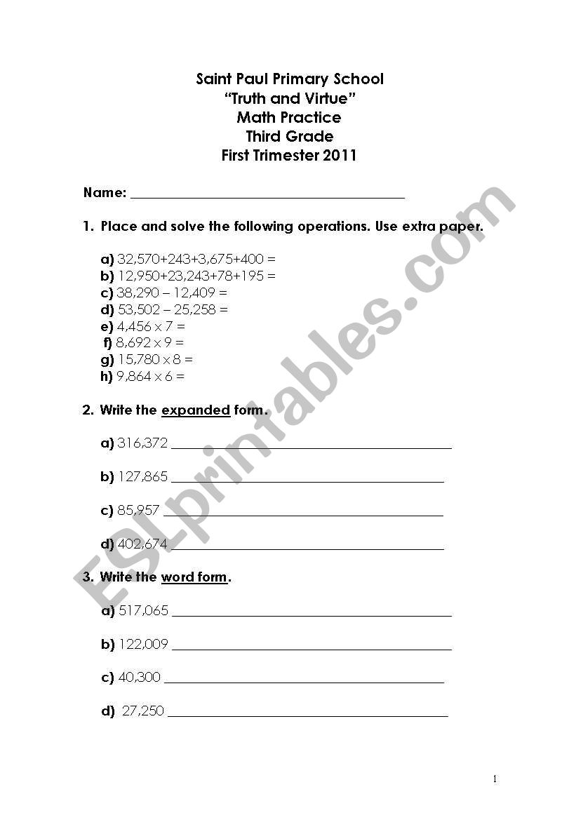 Math Practice or 3rd Grade worksheet