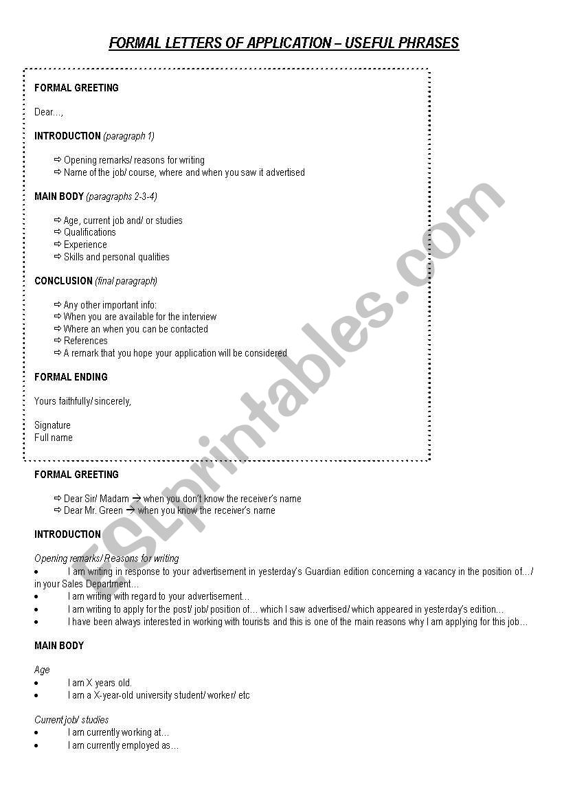 Formal letters of application worksheet