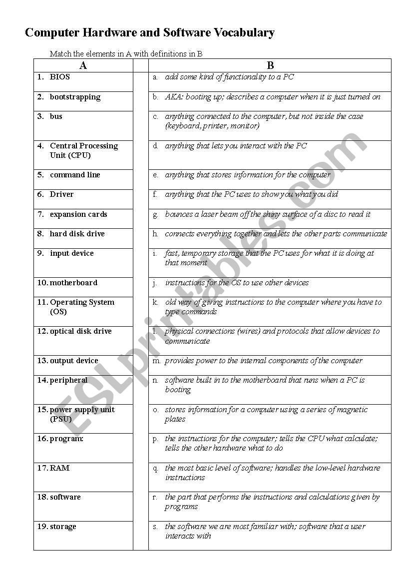 Computer hardware and software vocabulary