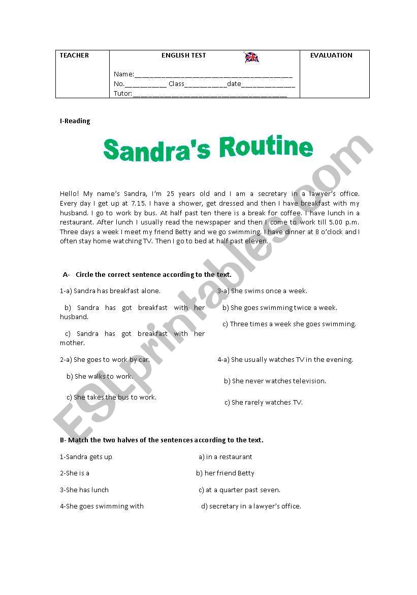 test (daily routine and jobs) worksheet