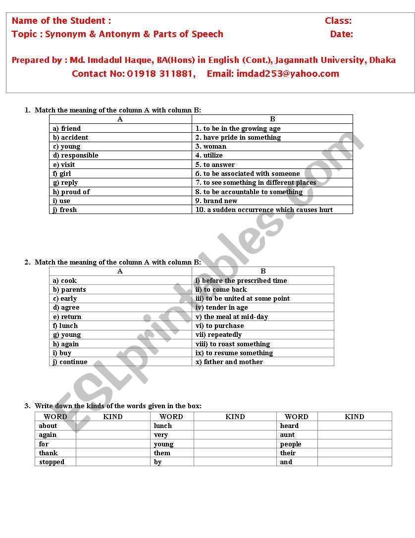 Exam on Synonym , Antonym & Parts of Speech