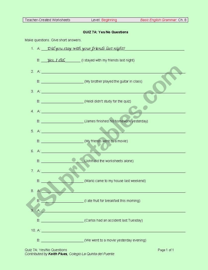 yes/no questions worksheet