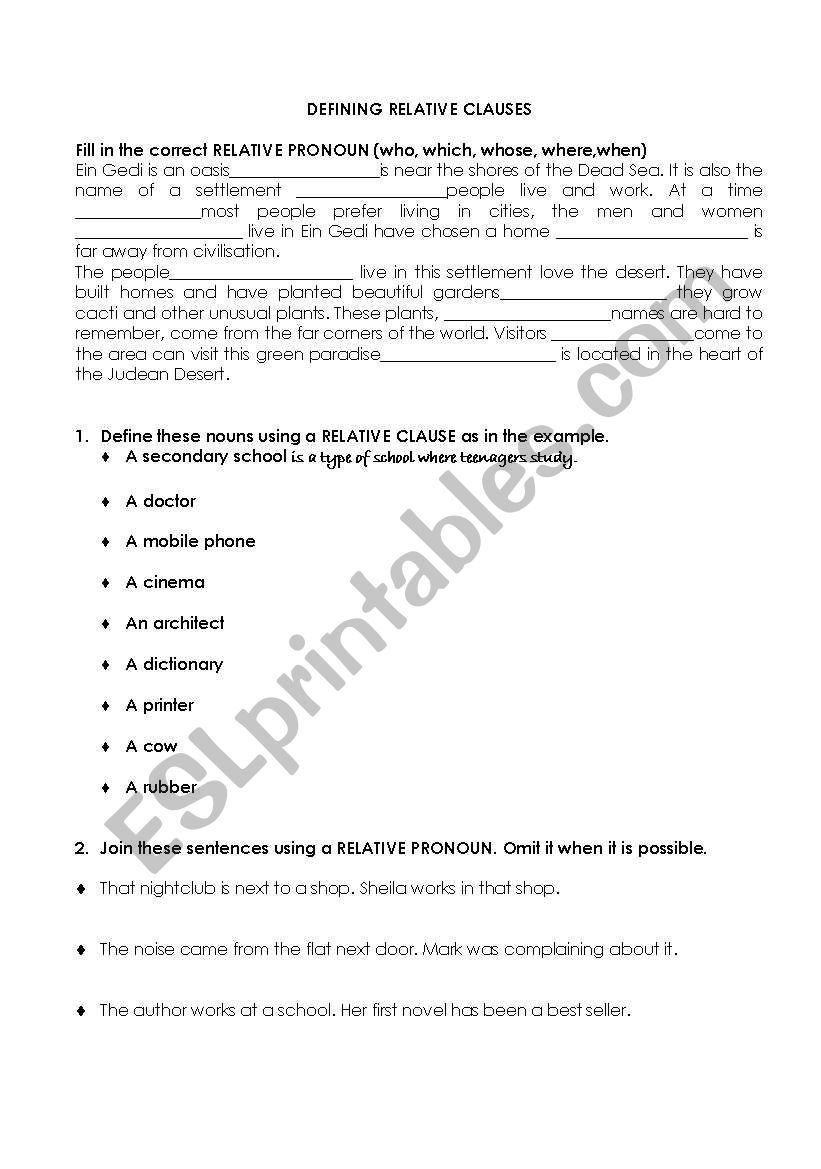 DEFINING RELATIVE CLAUSES worksheet