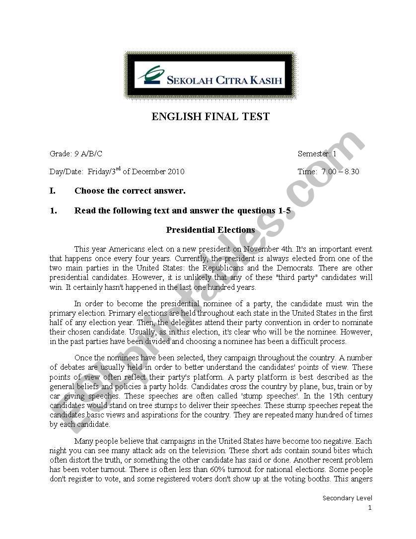 English Final Test worksheet