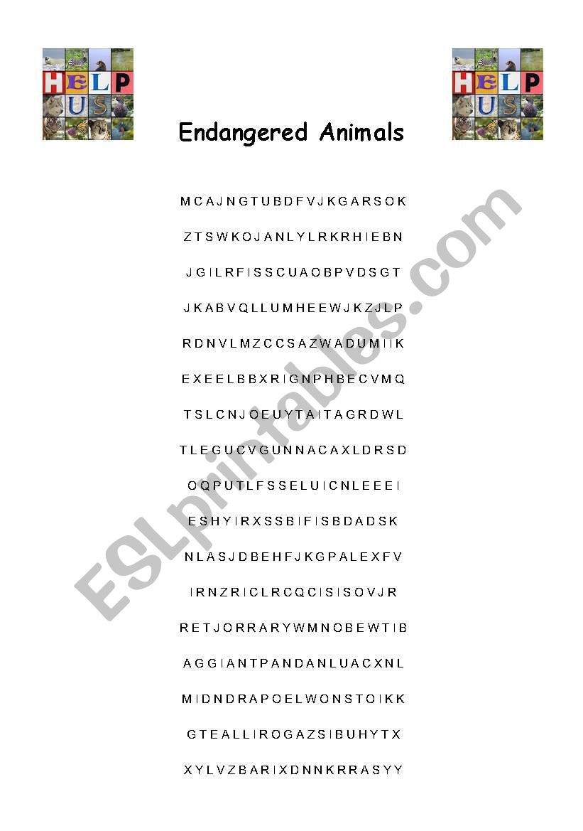 Endangered animals wordsearch worksheet