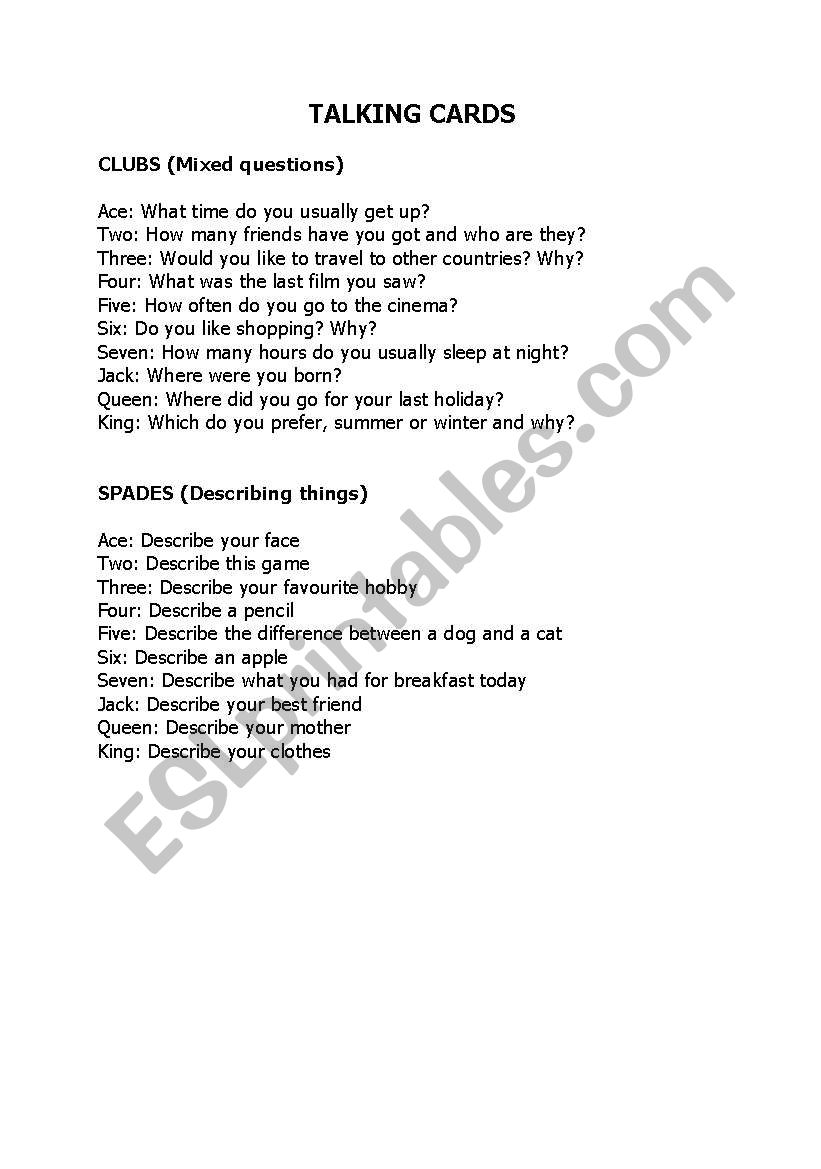 Talking Cards worksheet