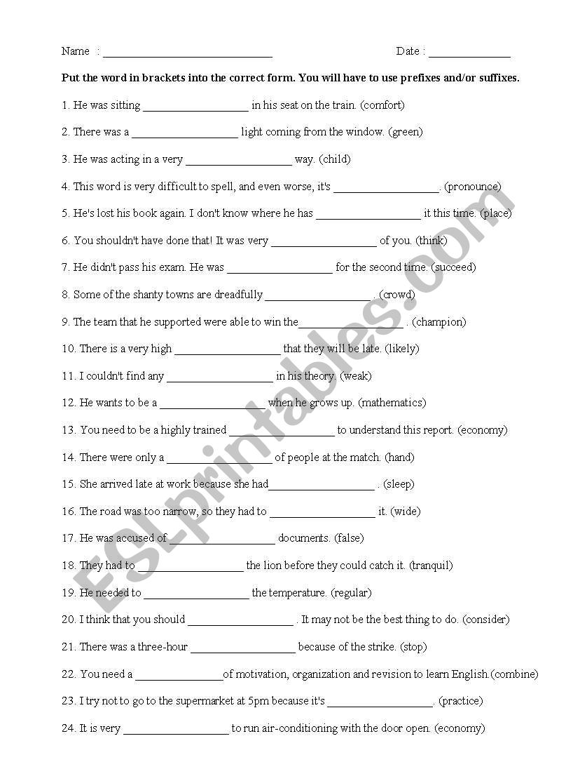 Suffixes & Prefixes worksheet