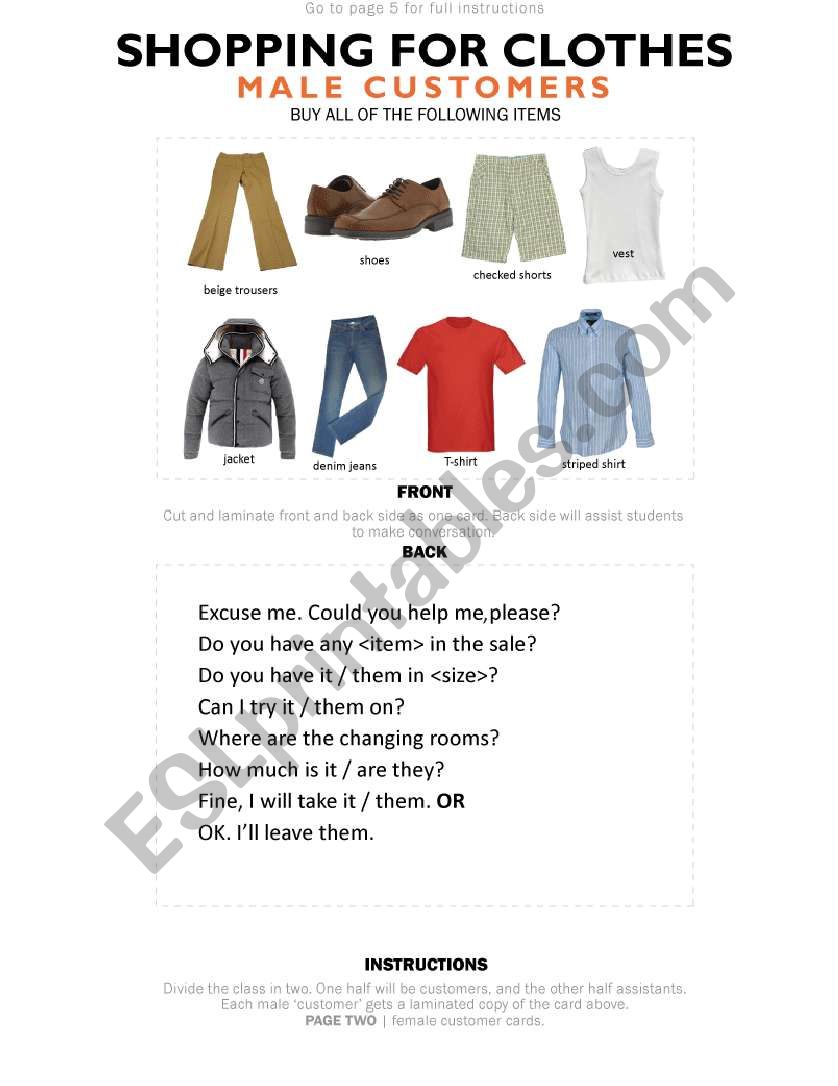 Shopping for Clothes worksheet