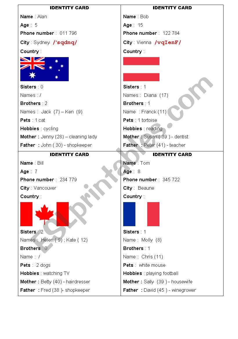 identity card worksheet