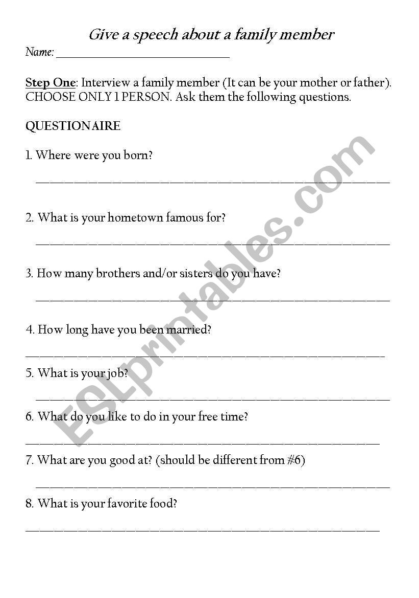 Give a Speech About a Parent worksheet