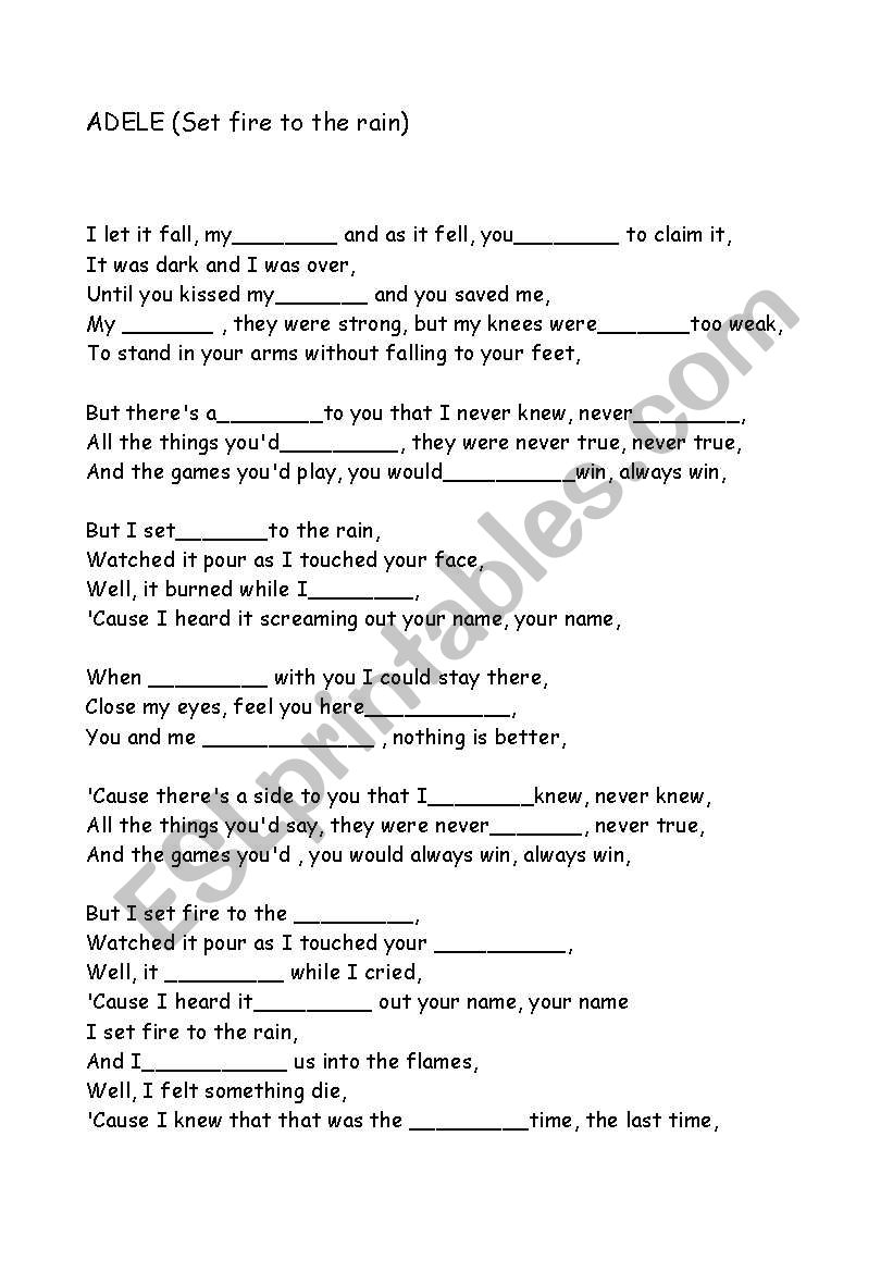 Adele - Set rain to the fire worksheet